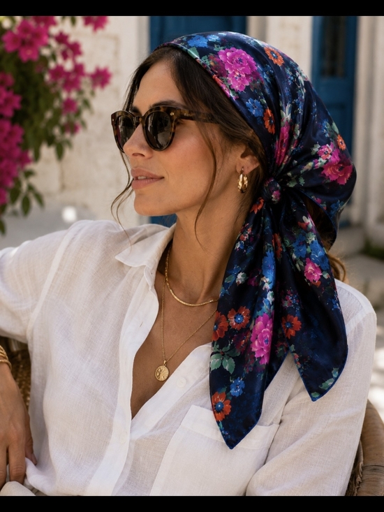 Accessories - MISIRLI Floral Navy 100% Silk  SCARF Women's HANDROLLED 34x34